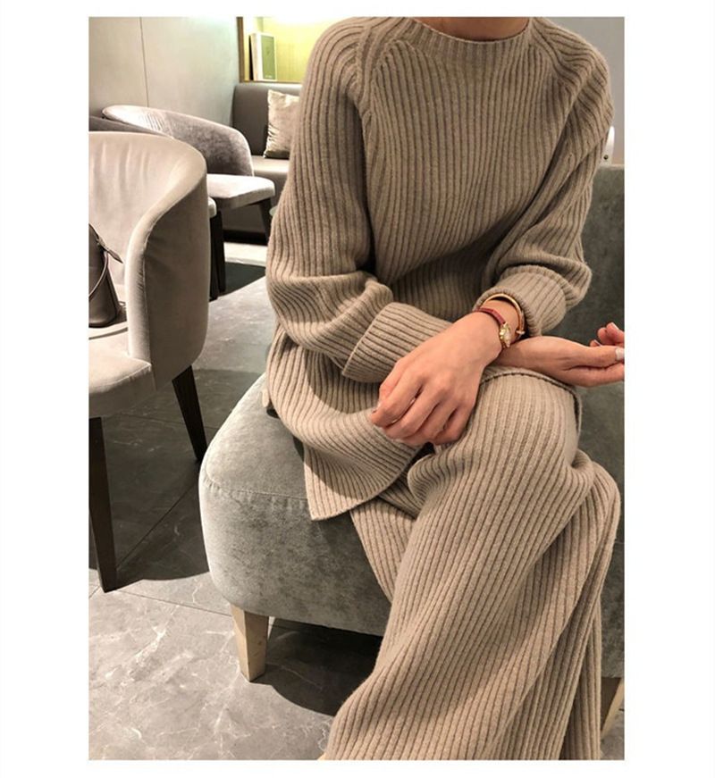 Women's Clothing Large size suits for women two piece suits autumn new fashion high end loose knit sweaters sweaters wide leg pants_voghion.com