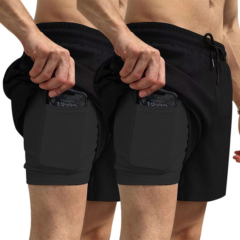 Lot de 2 shorts d'été décontractés pour homme, coupe trois-quarts, doublés, à séchage rapide et double épaisseur, tissés_voghion.com