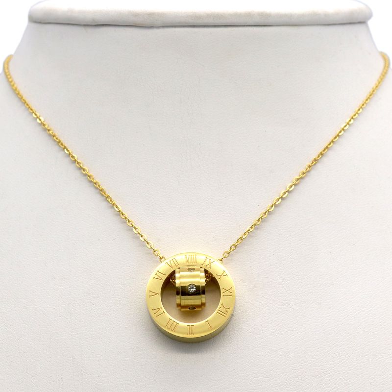 Men And Women's Jewelry Fashion Temperament Roman Numeral Diamond Necklace Couple Plated Double Ring Transfer Bead Necklace_voghion.com