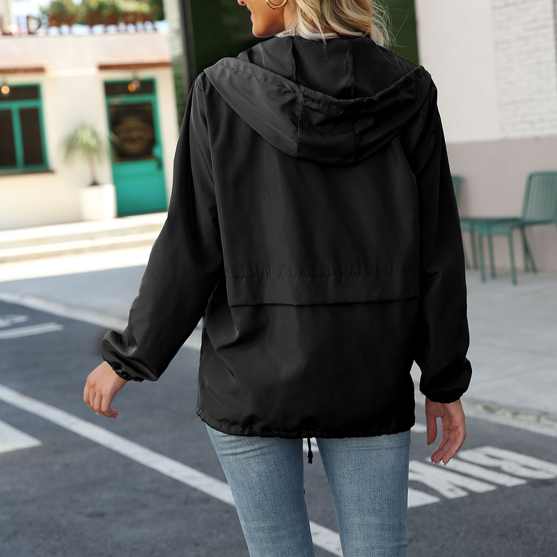Mode damer i enfärgade långärmad vindjacka utomhusjackor Regnjacka med huva vindtät kappa Ytterkläder_voghion.com