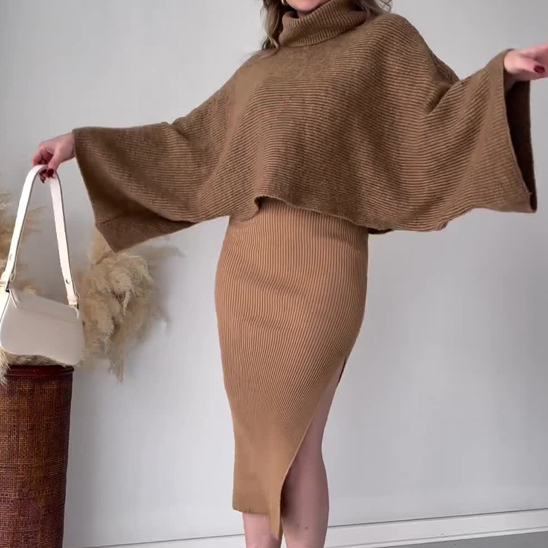 Women's fashion solid color pullover warm bat shirt top long skirt suit_voghion.com