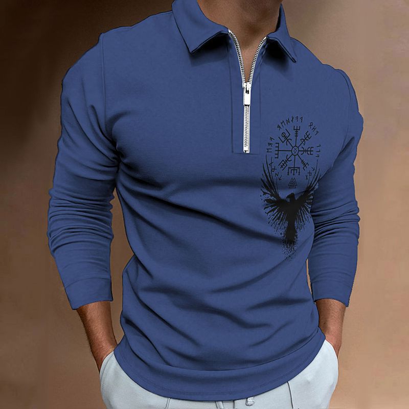 Langärmliges Poloshirt mit Adler-Print für Herren mit Reißverschluss für Herbst und Winter_voghion.com