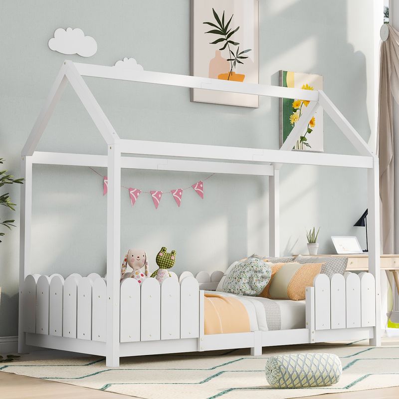 Hausbett 90x200cm, Holz-Kinderbett Mit Rausfallschutz, Bianco_voghion.com