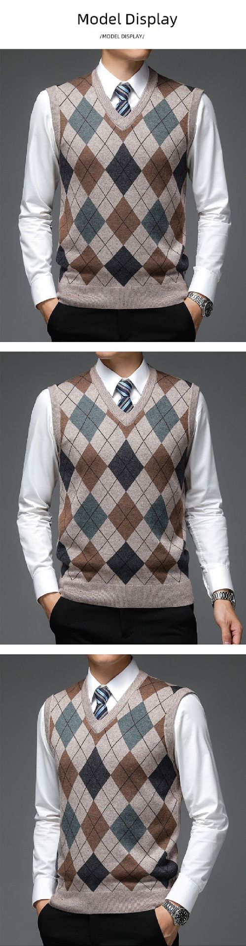 Herrenbekleidung Ärmelloser Pullover mit V-Ausschnitt und Wollweste Ärmelloser Pullover für Väter mittleren und älteren Alters Warme Pulloverweste Modisch_voghion.com