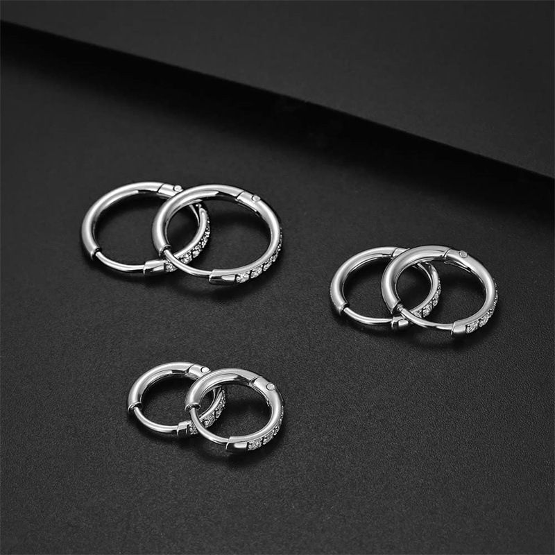 Orecchini a cerchio in acciaio inossidabile con zircone, fibbie per orecchini in acciaio al titanio con zircone intarsiato, orecchini versatili con spirale rotonda e micro zircone intarsiato_voghion.com