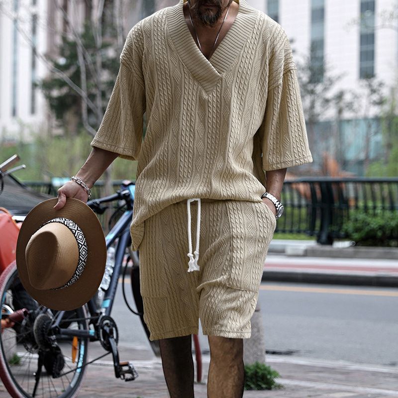 Men's Clothing Spring And Summer Casual Loose Three Quarter Sleeve Jacquard Knitted Sweater Top Shorts Suit_voghion.com