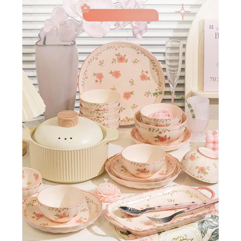 Romantic Pink High-Value Bowl Plate Set Home Use, Beautiful For Girls, Dining Bowls And Plates, Ceramic Underglaze Color_voghion.com