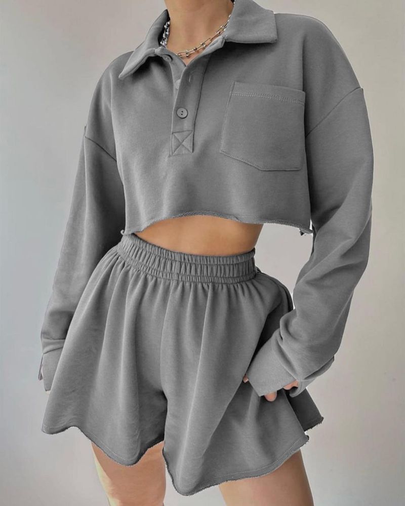 Completo da donna con pantaloncini corti con coulisse in cardigan corto casual a maniche lunghe in tinta unita_voghion.com