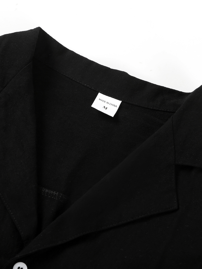 Camicia da uomo in lino di cotone con bottoni a maniche corte in tinta unita con risvolto estivo_voghion.com