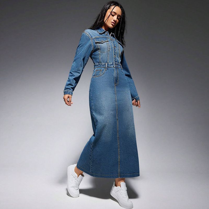 Abito lungo casual da donna in denim rilassato con bottoni sul davanti e spacchi laterali (S-2XL)_voghion.com
