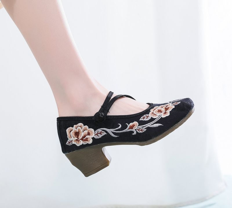 Scarpe da ballo Mary Jane in tessuto ricamato da donna, con tacco alto e spesso, con tacco quadrato singolo_voghion.com