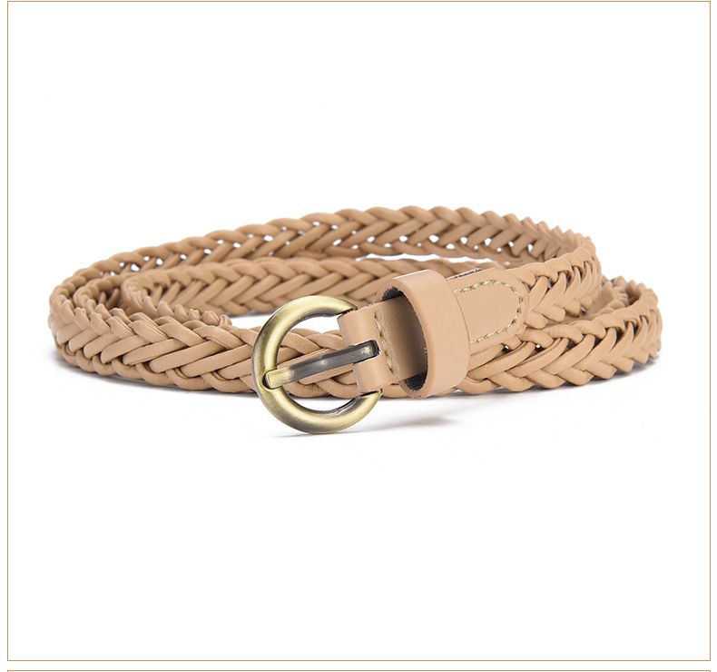 Geflochtener Gürtel für Damen, Sommer, Retro, gewebt, bronzefarbene Schnalle, dünner Gürtel für Damen, modisch, vielseitig, Kleid, frei stanzbar, PU-Dekorgürtel für Damen_voghion.com