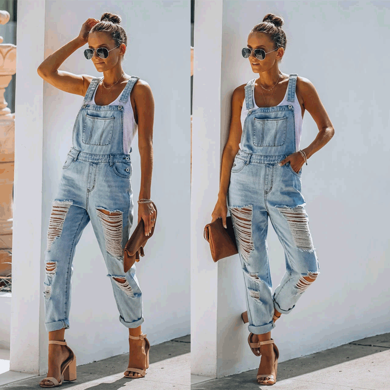 Women's Cross-border women's denim jumpsuits, light-colored temperament, commuter cotton denim, plain mid-waist, blue jeans, women_voghion.com