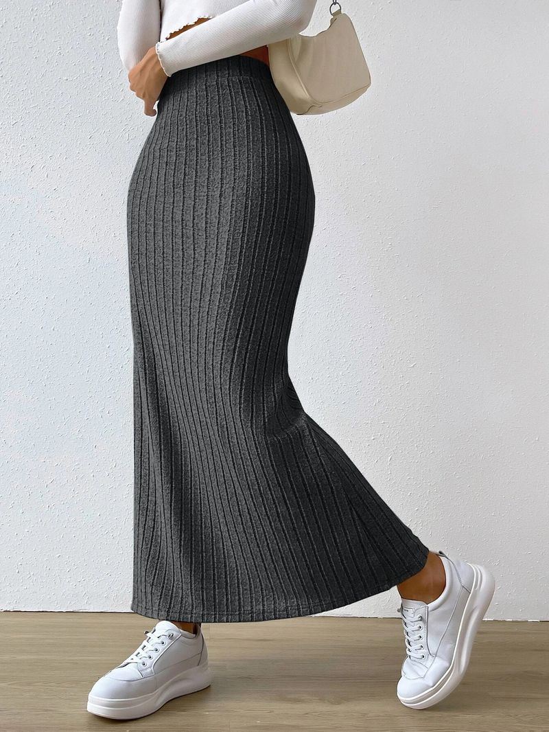Gonna a tubino in maglia con spacco laterale a vita alta da donna – Misto poliestere-spandex elasticizzato, gonna lunga aderente con spacco sulla coscia_voghion.com