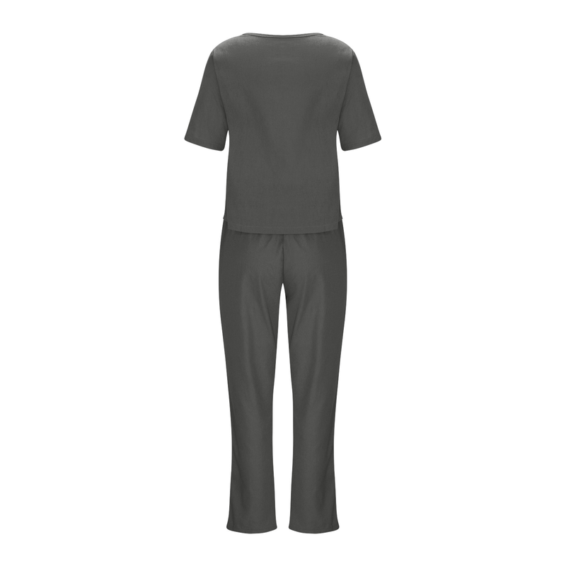 Sommeranzug aus Baumwolle und Leinen für Damen, halbärmeliges, übergroßes Überziehhemd mit O-Ausschnitt, Hosenset mit weitem Bein, Heimkleidung_voghion.com