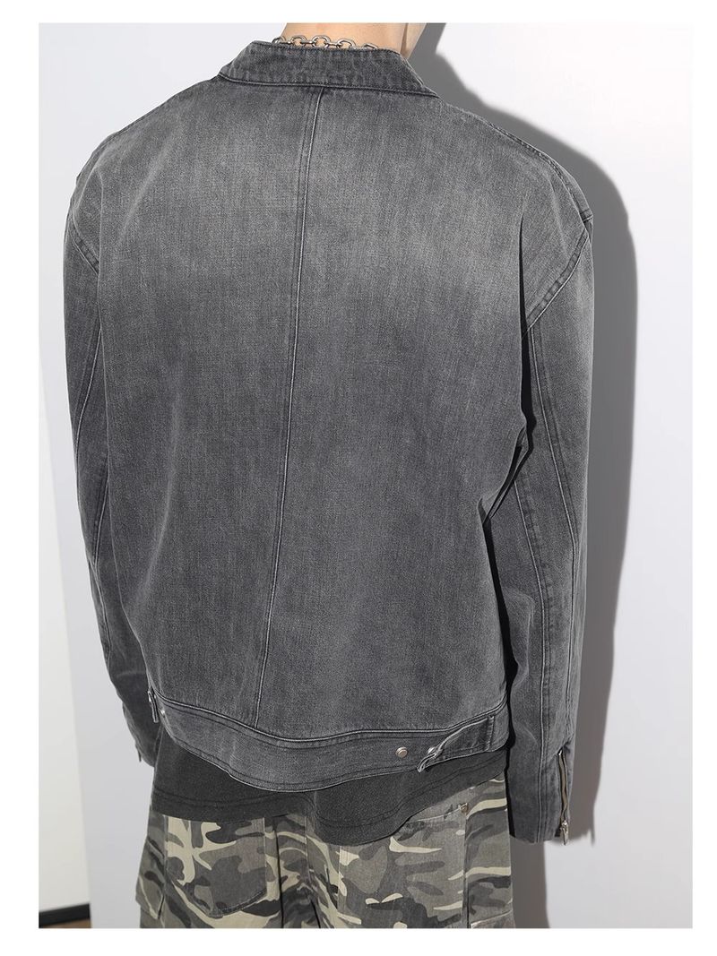 Herrenbekleidung, verwaschene Distressed-Jeansjacke, Vintage-verwaschene Distressed-Jeansjacke für Männer – Streetwear-Mantel mit hohem Halsausschnitt, Oversized-Passform, schwarze Waschung_voghion.com