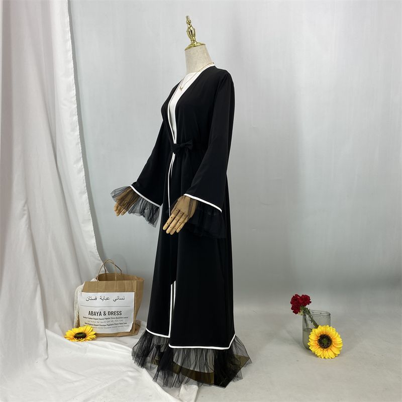 Neue Mesh-Ärmel Saum Moslemisches Abaya Eid Lange Kleider Schwarz Weiß Rand Kaftan Kaftan Marocain Femme Mode Bescheidene Frauen Kleidung_voghion.com
