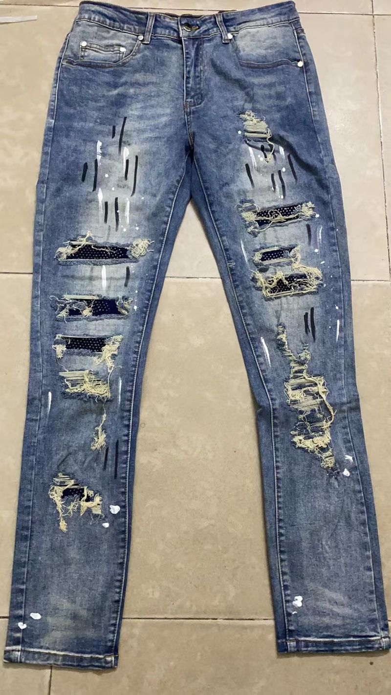 Herrenbekleidung High Street Diamond Splash Ink Wash Hole Patch Patchwork Hot Diamond Jeans Bettlerhose_voghion.com