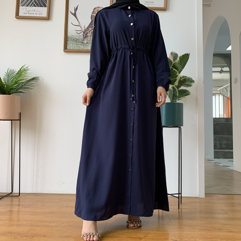 Roupas femininas nova moda muçulmana lapela cor sólida botão completo vestido fino saia longa_voghion.com