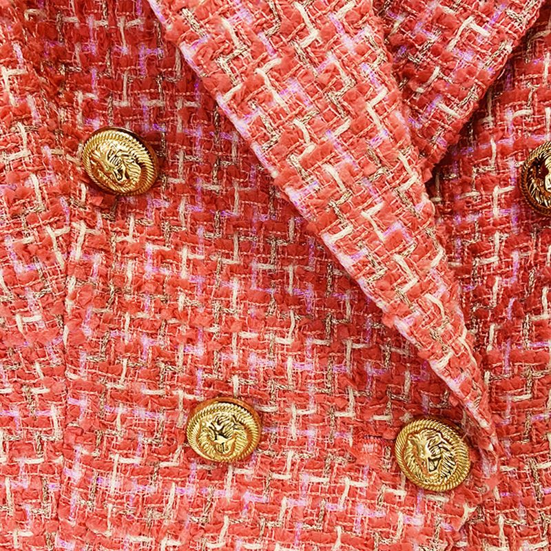 Blazer doppiopetto in tweed con bottoni a testa di leone - Giacca slim fit in stile britannico per donna, in rosso rosa_voghion.com