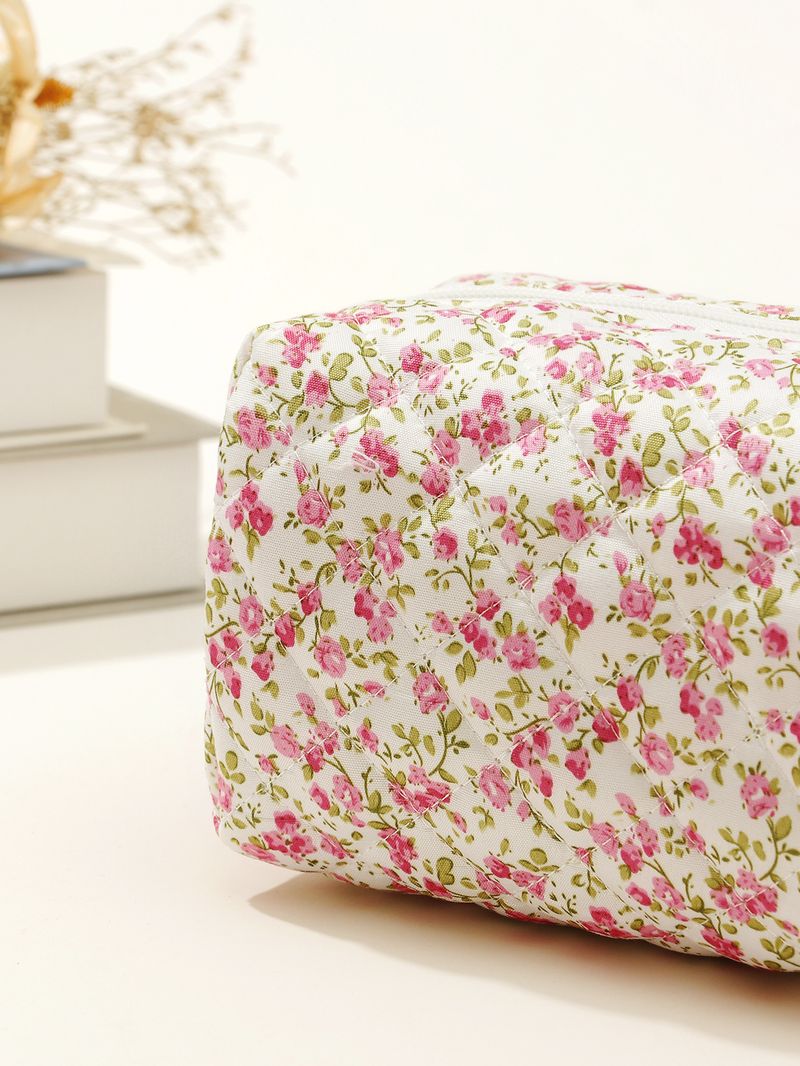 Borsa cosmetica in cotone con motivo floreale, piccola, trapuntata, da viaggio, in cotone, con interno antivento_voghion.com