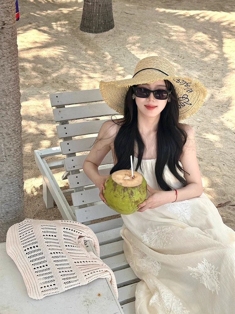 Sombrero para el sol de ala ancha con flecos bordados para mujer_voghion.com