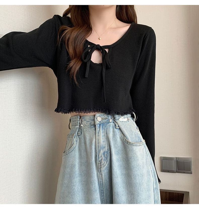 Elegant and lace V-neck long sleeved t-shirt for women, 2024 autumn new collection with strap design, niche slim fit top_voghion.com