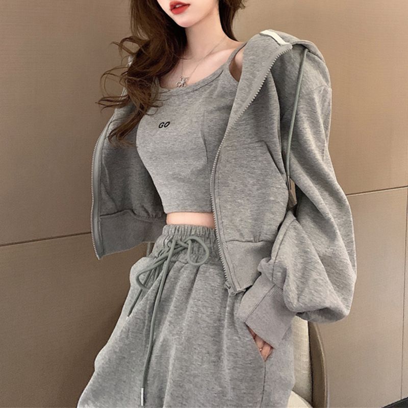 6535 Cotton Casual Sports Set For Women, Shorts, Zipper Hoodie, Jacket, Camisole, Spring And Autumn Three-Piece Set,_voghion.com