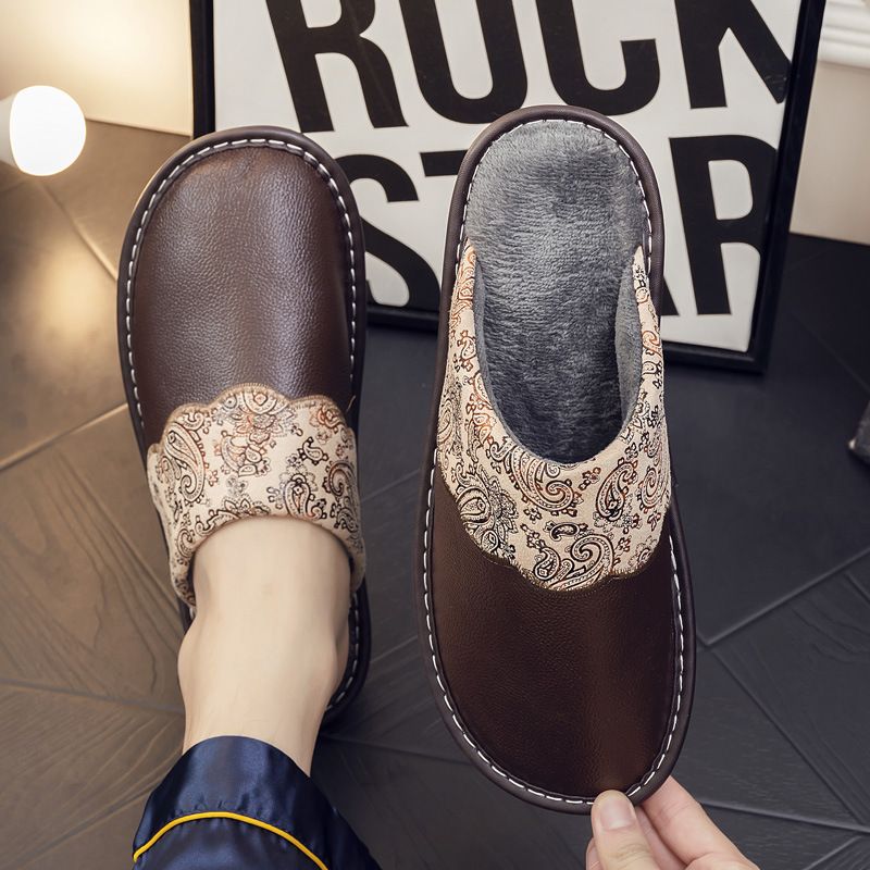 MTX Echtleder mit Rindssehnensohle für den Heimgebrauch, Damen-Hausschuhe für drinnen, warm, rutschfest, wasserdicht, aus besticktem Rindsleder und Baumwolle_voghion.com