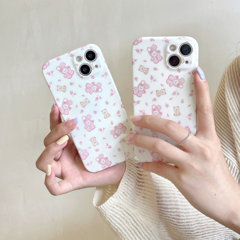 TechGlobe Pink Floral Bear Rabbit Compatible With IPhone 14 Pro Max 15 Phone 13/12 Skin Feel Soft Case_voghion.com