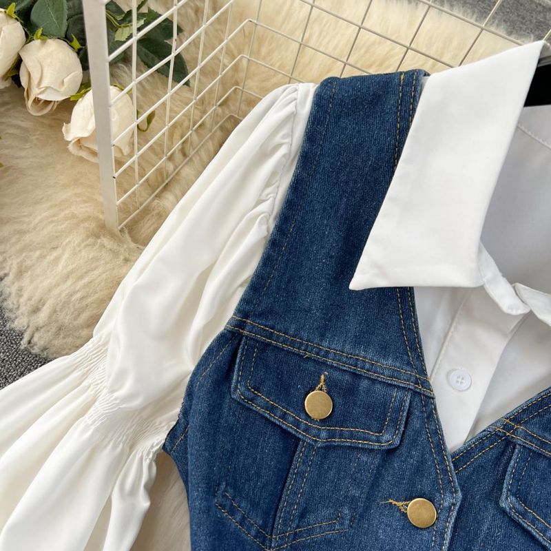 Abbigliamento da donna, abito a strati con design a due pezzi, abito camicia con maniche a sbuffo + gilet in denim_voghion.com