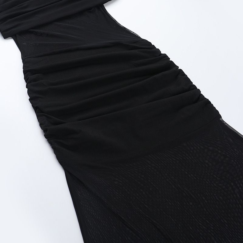 Abito bustier con pannello in rete trasparente e vita arricciata - Gonna midi fluida per donna, abbigliamento casual e per feste estive_voghion.com