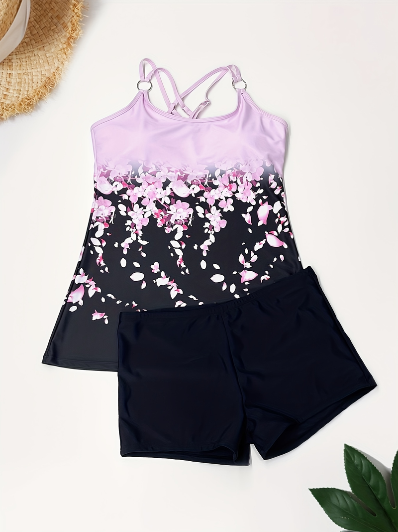 Plus Size Casual Tankini Set, Women's Plus Floral Print Ring Decor Tank Top & Shorts Tankini Two Piece Set_voghion.com