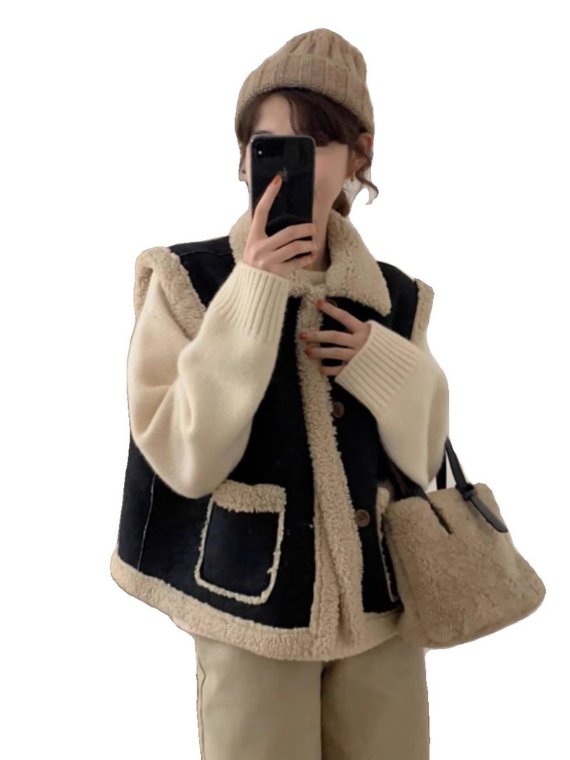2024 nouvelle veste courte décontractée en fourrure noire une pièce avec daim, poils d'agneau, gilet pour femme_voghion.com