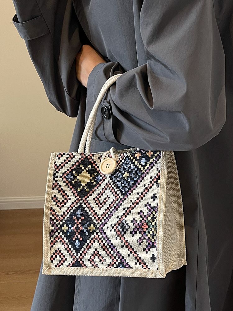 Borsa da viaggio in tela in stile etnico per donna, estiva, nuova moda, da portare a mano all'aperto, in lino, per il pranzo, per la mamma_voghion.com