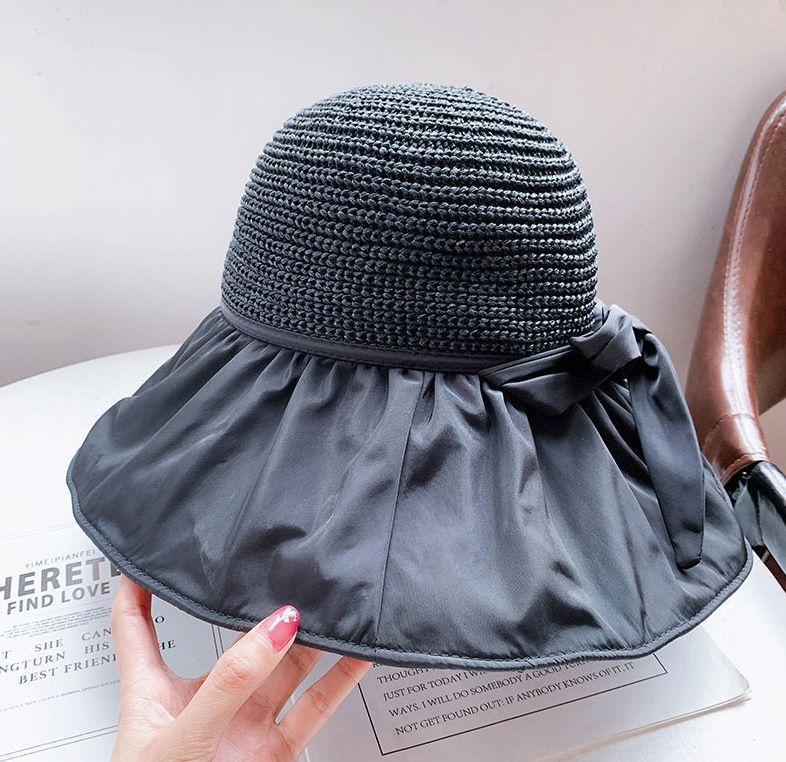 Sommer-Sonnenschirm mit schwarzer Schleife für Damen, koreanischer und japanischer Stil, UV-Schutz, breite Krempe, Gesichtsschutz, Sonne_voghion.com