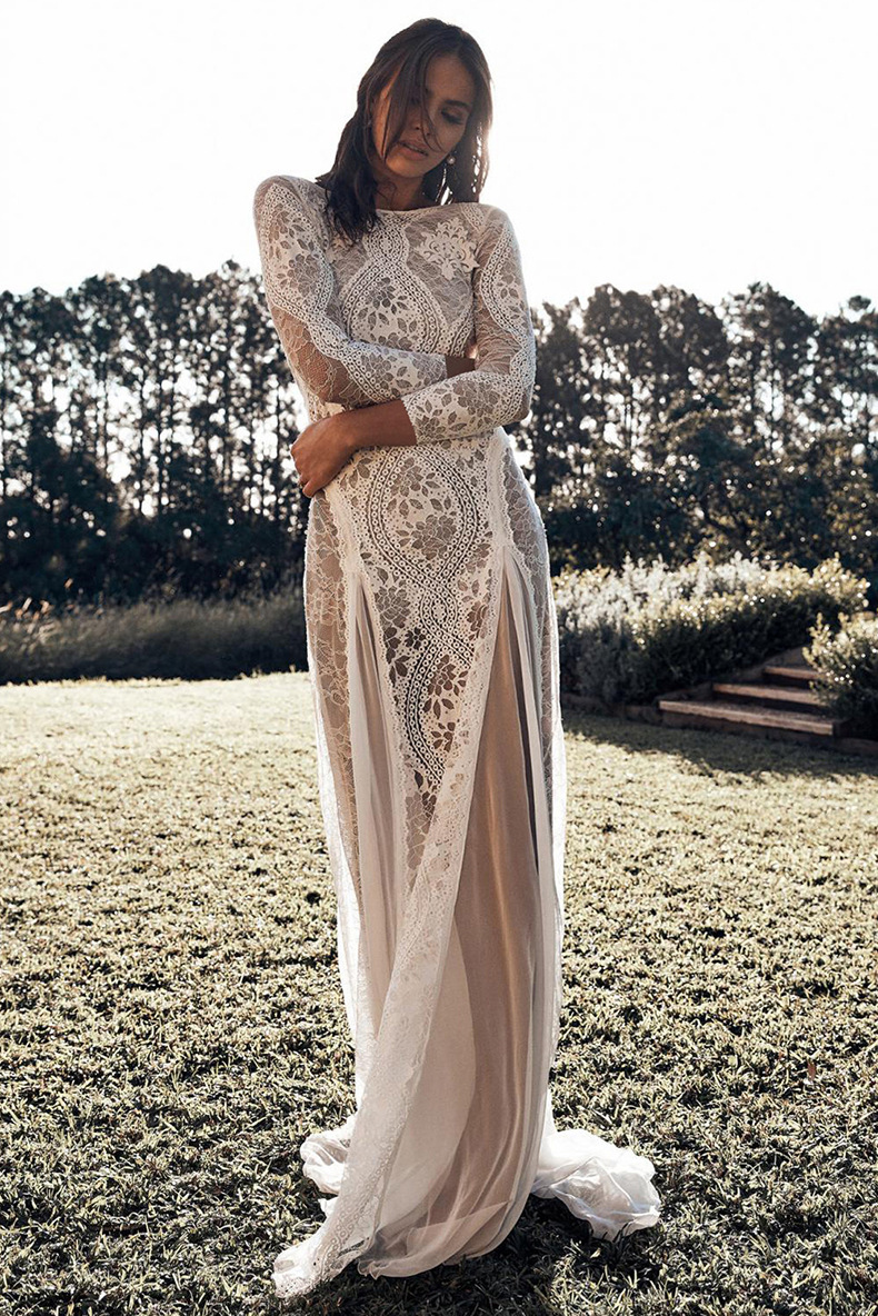 Damesjurk Ronde hals Lange mouw Holle rugloze kant Celebrity Banket Trouwjurk_voghion.com