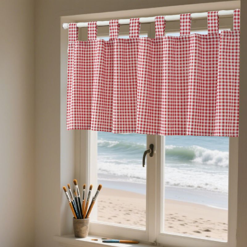 Cortinas xadrez boêmias para cozinha, quarto e cafeteria – Cortina de porta e janela de linho e algodão estilo Ins com borlas, xadrez vermelho/verde/preto_voghion.com
