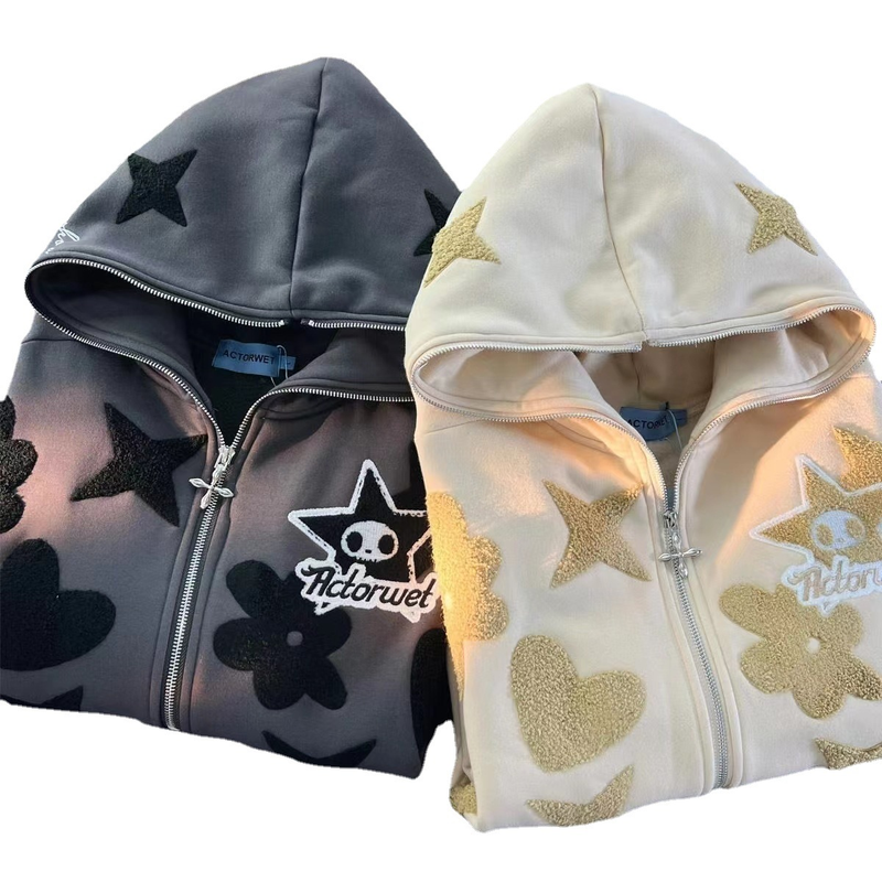 2023 New Star Pattern Print Full Face Zipper Harajuku Zip-Up Hoodie Sweatshirt Jacket_voghion.com