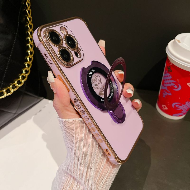 iPhone 15/16 Pro hoesje met roségouden zijprint en magnetische standaard - 6D gegalvaniseerde glitter schokbestendige hoes (slanke pasvorm, krasbestendig)_voghion.com