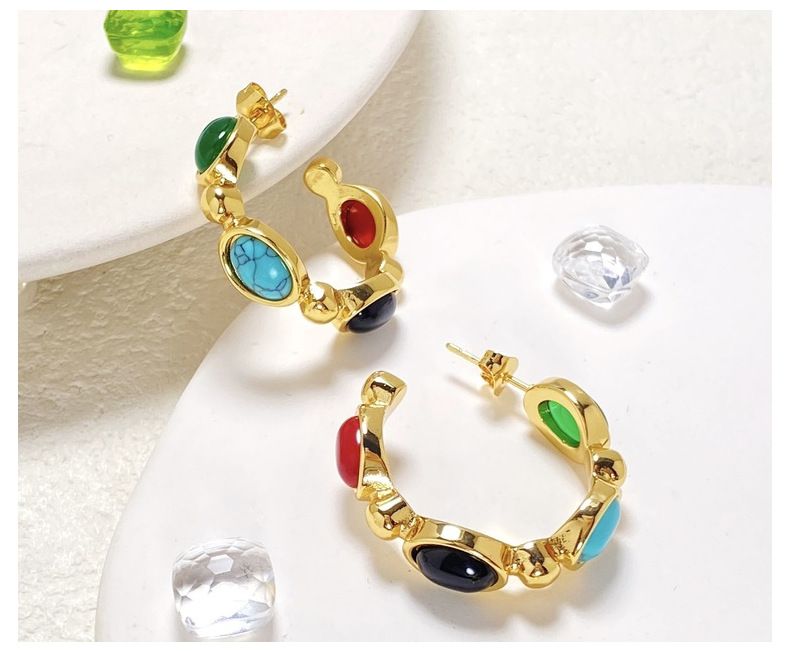 Orecchini da donna in agata multicolore intarsiata a forma di C, in acciaio al titanio, design di alta qualità, popolari orecchini in acciaio inossidabile._voghion.com