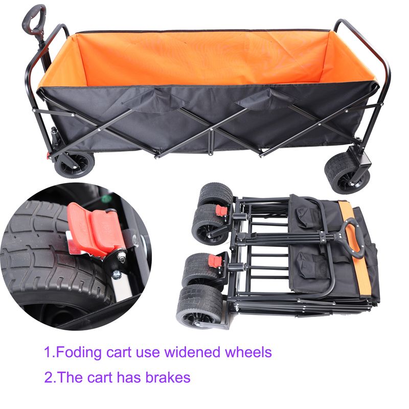 Big Large Capacity Folding Cart Extra Long Extender Wagon Cart Folding Wagon Garden Shopping Beach Cart (black + Orange)_voghion.com