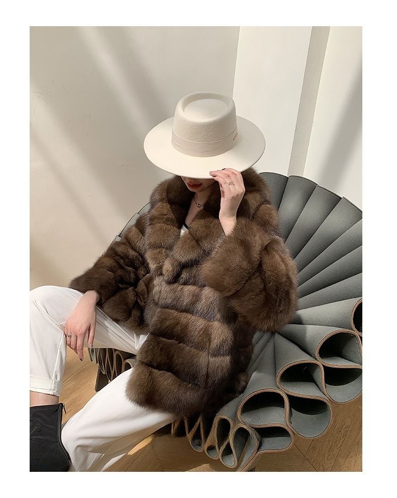 Luxuriöser Kunstnerzmantel mit Sternenmuster - Kurze Winterjacke für Damen, Reverskragen, eleganter Kunstpelzmantel in Kastanienbraun_voghion.com