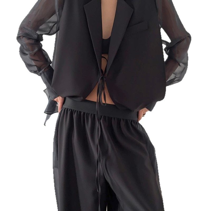 Autumn New Lace-Up Mesh Blazer Loose Wide-Leg Pants Set Design Sense Elegant Casual 2025 Cross-Border_voghion.com