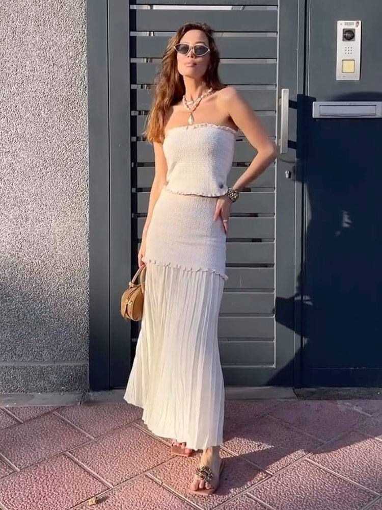 Women's Clothing Knitted One Line Wrap Top Skirt Set_voghion.com