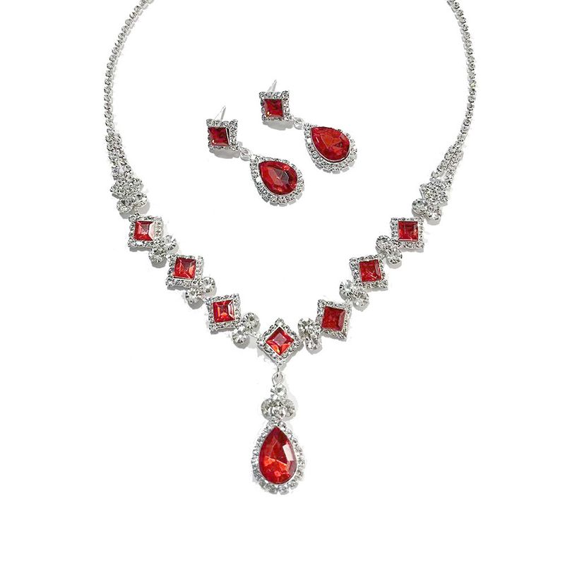 Women's Jewelry Set - Elegant Red Gemstone Geometric Drop Necklace & Earrings With Clutch Bag For Evening Gowns, Dinner Parties & Special Occasions_voghion.com