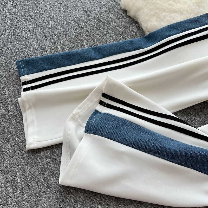 Hauts décontractés à manches courtes et rayures contrastées pour femme, mode été, taille haute, coutures en denim, jambes larges et longues_voghion.com