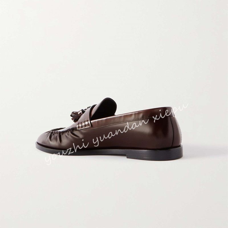 Row Single Full Genuine Tassel Loafers British Style Flat Round Toe Small Leather Shoes Breathable Comfortable_voghion.com