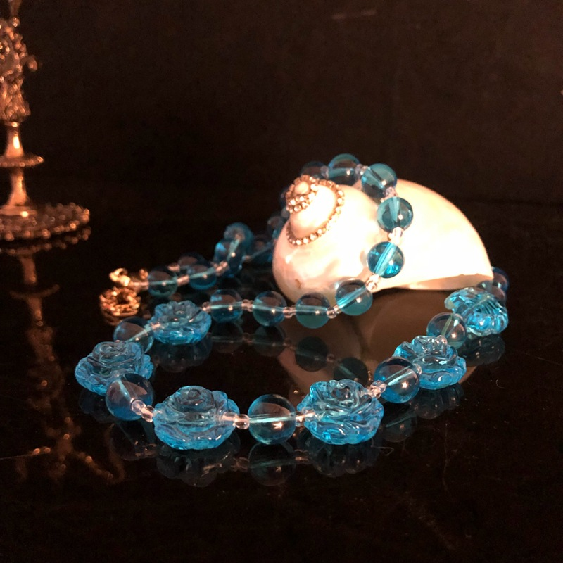 Conjunto de pulsera y collar de cristal azul retro, flores occidentales vintage medievales, retorno italiano, cristal antiguo_voghion.com