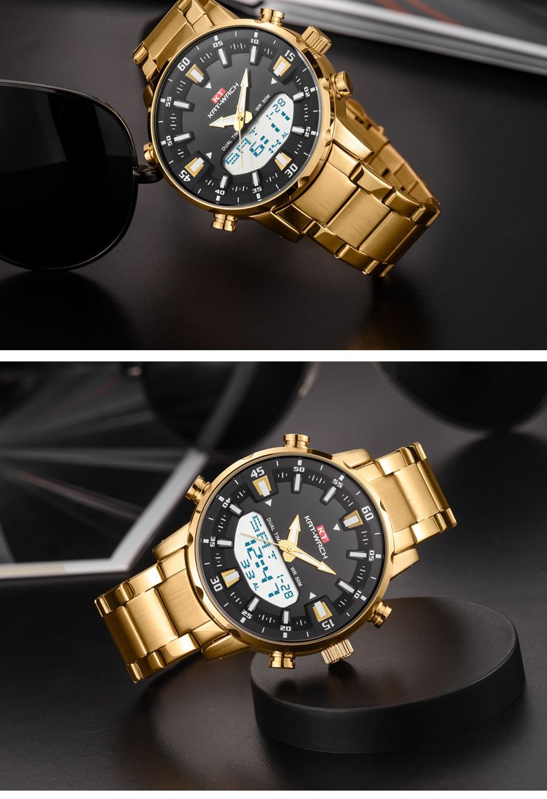 Stylish Multi-functional Dual Display Digital Men's Watch Quartz Watch Steel Strap Waterproof Luminous_voghion.com
